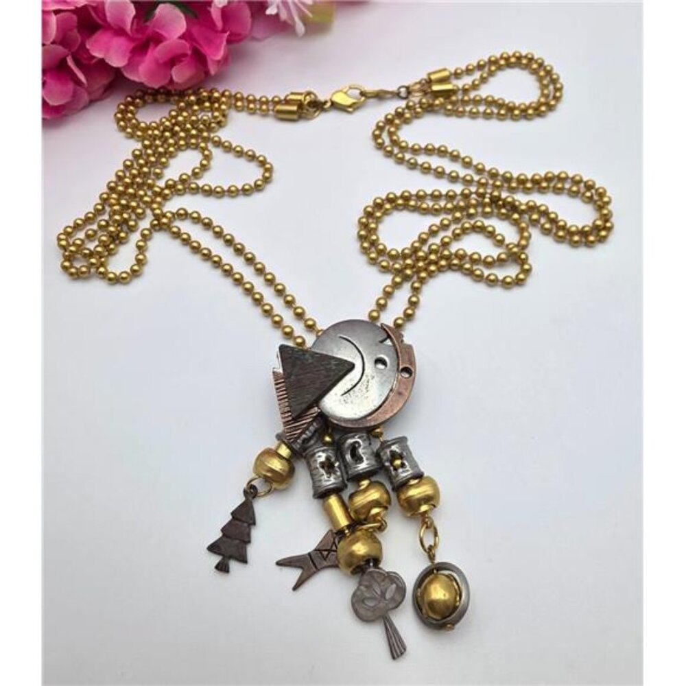 LCI Artisan Mixed Metal Modernist Necklace Double Strand Fish Pendant 35 Inch